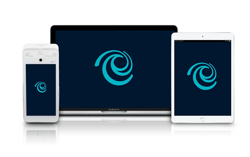 Terminal, tablet, and computer with Moneris Logo